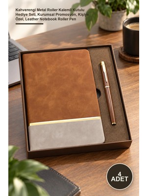 Yenilig 4 Adet Altın Şeritli Taba Deri Defter – Kahverengi Metal Roller Kalemli Kutulu Hediye Seti, Kurumsal Promosyon, Kişiye Özel, Leather Notebook Roller Pen