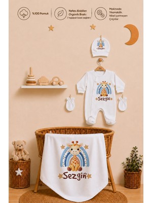Pia Baby Kişiye Özel Erkek Bebek Tulum Set 4 Parça %100 Pamuk Isimli Organik Baskılı Battaniyeli
