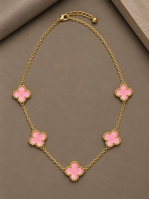Serelya 316L Çelik Zincir Gold Pembe Renk Yonca Kadın Kolye