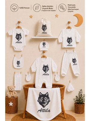 Pia Baby Yeni Doğan Erkek Bebek 11 Parça Hastane Çıkışı %100 Pamuk Isimli Organik Baskılı Kişiye Özel Kıyafet Keseli