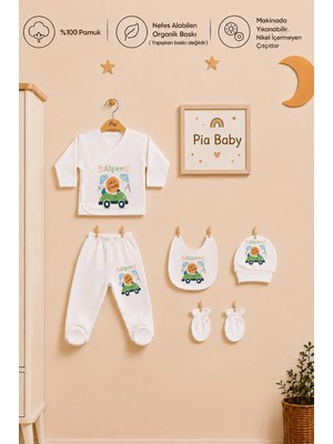 Pia Baby Isimli Erkek Bebek Zıbın Seti 5 Parça %100 Pamuk Kişiye Özel Organik Baskı