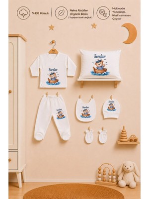 Pia Baby Erkek Bebek Isme Özel %100 Pamuk Zıbın Seti ve Yastık Kılıfı 6 Parça Organik Baskılı Hastane Çıkışı