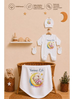 Pia Baby Kişiye Özel Erkek Bebek Tulum Set 4 Parça %100 Pamuk Isimli Organik Baskılı Battaniyeli