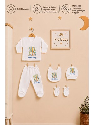 Pia Baby Isimli Erkek Bebek Zıbın Seti 5 Parça %100 Pamuk Kişiye Özel Organik Baskı
