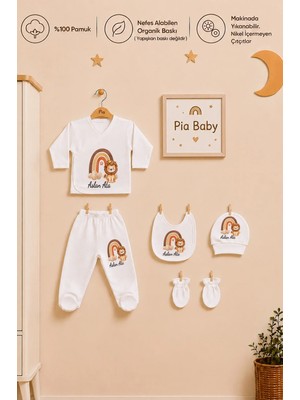 Pia Baby Erkek Bebek Yeni Doğan 5'li Zıbın Seti Isimli %100 Pamuk Organik Baskılı