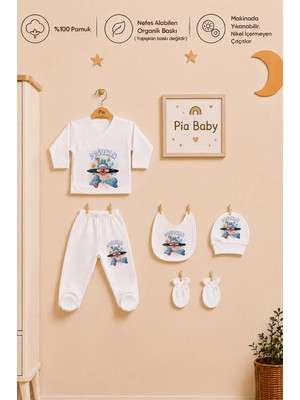 Pia Baby Isme Özel Erkek Bebek %100 Pamuk Zıbın Şapka Önlük Eldivenli Set