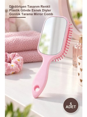Yenilig 5 Adet Aynalı Çocuk Saç Tarağı – Dikdörtgen Tasarım Renkli Plastik Gövde Esnek Dişler Günlük Tarama Mirror Comb