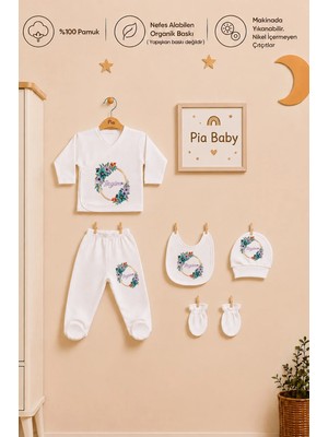 Pia Baby Kız Bebek Isimli Zıbın Seti 5'li %100 Pamuk Organik Baskılı Kişiye Özel