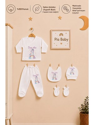 Pia Baby Kişiye Özel %100 Pamuk Kız Bebek Zıbın Seti 5 Parça Patikli Pantolon Şapka Önlük Eldiven