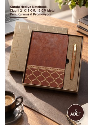 Yenilig 5 Adet Lüks Deri Desenli Defter ve Metal Kalem Seti – Kutulu Hediye Notebook, Çizgili 21X15 Cm, 13 cm Metal Pen, Kurumsal Promosyon