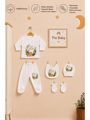 Pia Baby Isimli Erkek Bebek Zıbın Seti 5 Parça %100 Pamuk Kişiye Özel Organik Baskı