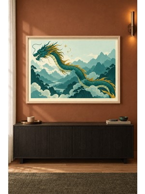 Tontilika Yeşil Ejderha Sisli Dağlarda Ukiyo-E Ahşap Çerçeveli Duvar Tablosu