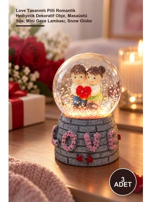 Yenilig 3 Adet Işıklı Mini Kar Küresi – Love Tasarımlı Pilli Romantik Hediyelik Dekoratif Obje, Masaüstü Süs, Mini Gece Lambası, Snow Globe