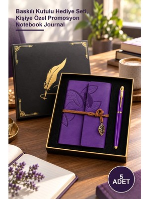 Yenilig 5 Adet Mor Yaprak Desenli Deri Defter ve Mor Roller Metal Kalem – Baskılı Kutulu Hediye Seti, Kişiye Özel Promosyon Notebook Journal