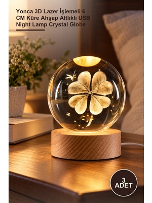 Yenilig 3 Adet Kristal Cam Küre Gece Lambası – Yonca 3D Lazer Işlemeli 6 cm Küre Ahşap Altlıklı USB Night Lamp Crystal Globe