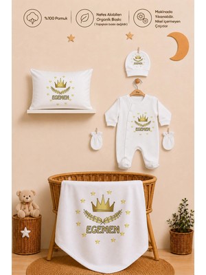 Pia Baby Isme Özel Erkek Bebek Tulum Seti  %100 Pamuk Organik Baskılı Yastık Kılıfı ve Battaniyeli Tulum
