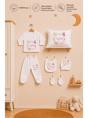 Pia Baby Kız Bebek Isme Özel %100 Pamuk Zıbın Seti ve Yastık Kılıfı 6 Parça Organik Baskılı Hastane Çıkışı