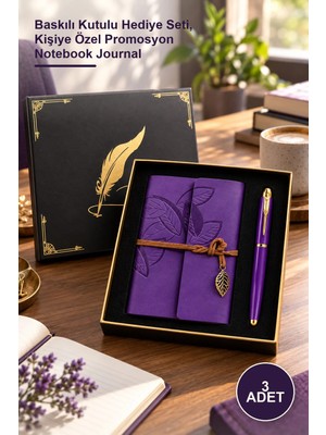 Yenilig 3 Adet Mor Yaprak Desenli Deri Defter ve Mor Roller Metal Kalem – Baskılı Kutulu Hediye Seti, Kişiye Özel Promosyon Notebook Journal