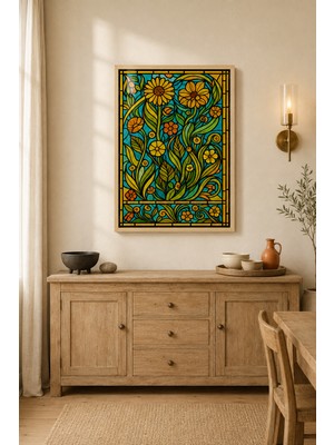 Tontilika Vitray Çiçek Bahçesi Renkli Cam Panel Ahşap Çerçeveli Duvar Tablosu