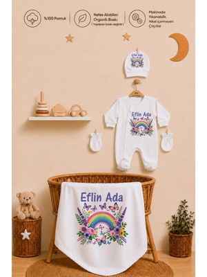 Pia Baby Kız Bebek Hastane Çıkışı 4’lü Tulum Seti %100 Pamuk Kişiye Özel Isim Baskılı Battaniyeli