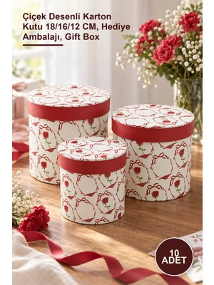Yenilig 10 Adet 3'lü Karton Hediye Kutusu Seti – Çiçek Desenli Karton Kutu 18/16/12 Cm, Hediye Ambalajı, Gift Box