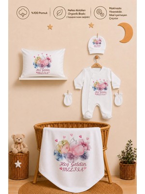 Pia Baby Kız Bebek Hastane Çıkışı 5 Parça Tulum Seti %100 Pamuk Isme Özel Organik Baskılı