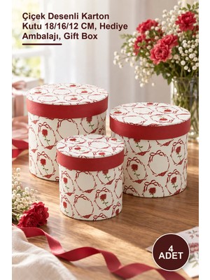 Yenilig 4 Adet 3'lü Karton Hediye Kutusu Seti – Çiçek Desenli Karton Kutu 18/16/12 Cm, Hediye Ambalajı, Gift Box