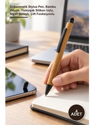 Yenilig 4 Adet Touchpen Tükenmez Kalem – Dokunmatik Stylus Pen, Bambu Gövde, Yumuşak Silikon Uçlu, Siyah Detaylı, Çift Fonksiyonlu
