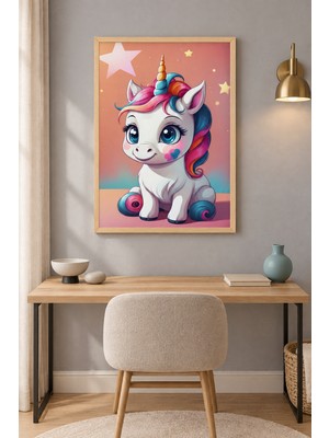 Tontilika Yavru Unicorn Gökkuşağı Yele Ahşap Çerçeveli Duvar Tablosu