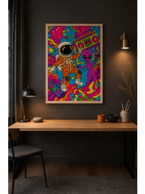 Tontilika Uzay Dansı Neon Dostluk Ahşap Çerçeveli Duvar Tablosu