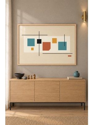 Tontilika Turkuaz Kareler Mid-Century Panel Ahşap Çerçeveli Duvar Tablosu