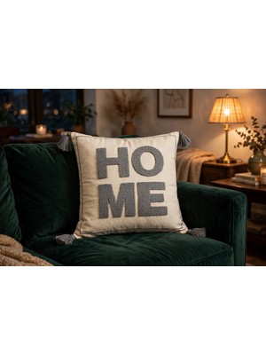Nuriye Kocakaplan Home Yazılı Punch Nakışlı Püsküllü Kırlent Kılıfı 43X43 cm