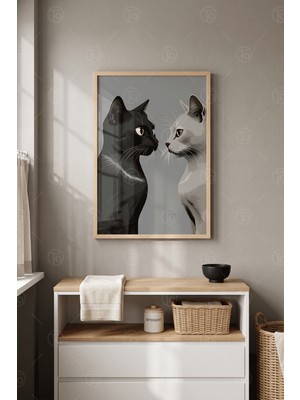 Tontilika Tatlı Bakışma Kedi Çifti Ahşap Çerçeveli Duvar Tablosu