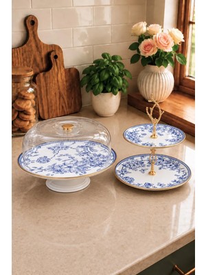 Pinkev Butterfly 2li Set Seramik Kek Fanusu Katlı Kurabiyelik Pasta Sunum Tabağı