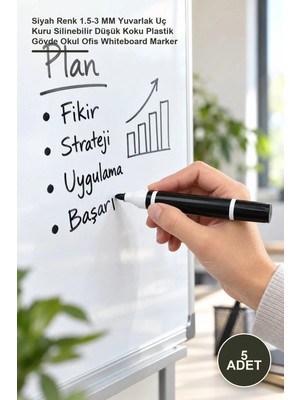 Yenilig 5 Adet Beyaz Tahta Kalemi – Siyah Renk 1.5-3 mm Yuvarlak Uç Kuru Silinebilir Düşük Koku Plastik Gövde Okul Ofis Whiteboard Marker