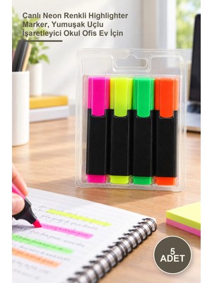 Yenilig 5 Adet Fosforlu Kalem Seti – Canlı Neon Renkli Highlighter Marker, Yumuşak Uçlu Işaretleyici Okul Ofis Ev Için