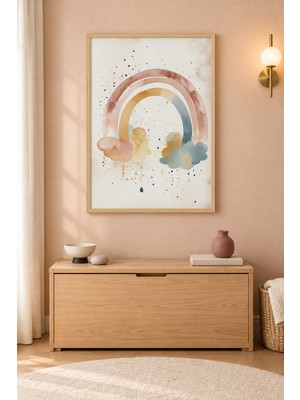Tontilika Suluboya Gökkuşağı Pastel Bulutlar Ahşap Çerçeveli Duvar Tablosu