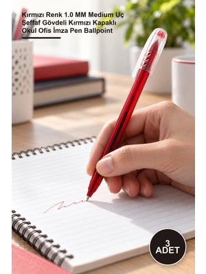 Yenilig 3 Adet Tükenmez Kalem – Kırmızı Renk 1.0 mm Medium Uç Şeffaf Gövdeli Kırmızı Kapaklı Okul Ofis Imza Pen Ballpoint