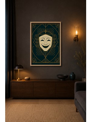 Tontilika Sahnenin Gülüşü Art Deco Komedi Maskesi Ahşap Çerçeveli Duvar Tablosu