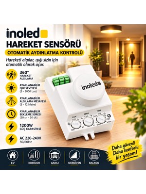 İnoled 5134 360° Rf Hareket Sensörü | 16 Metre Algılama | Ayarlanabilir Lux-Sens-Tıme | Otomatik Aydınlatma Sensörü 220-240V