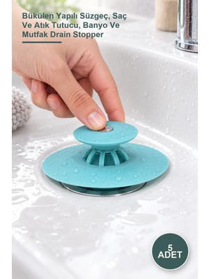 Yenilig 5 Adet Lavabo ve Küvet Tıkacı – Bükülen Yapılı Süzgeç, Saç ve Atık Tutucu, Banyo ve Mutfak Drain Stopper