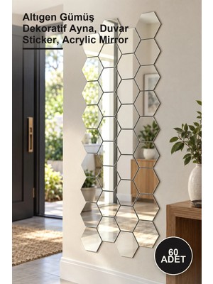 Yenilig 60 Adet Yapışkanlı Akrilik Ayna – Altıgen Gümüş Dekoratif Ayna, Duvar Sticker, Acrylic Mirror