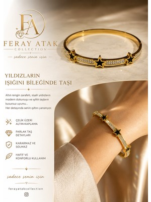 Feray Atak Collection Zirkon Taşlı Yıldız Detaylı Gold Çelik Kelepçe Bileklik