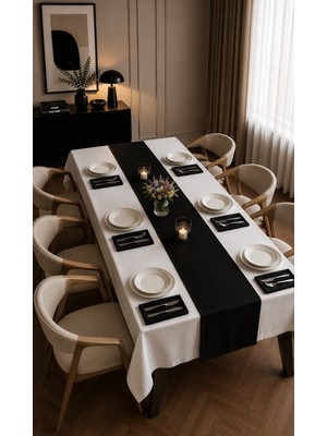 Dokuar Kadife Dokulu Premium Düz Polyester Masa Örtüsü Runner 6'lı Kumaş Peçete Yemek Masası Seti