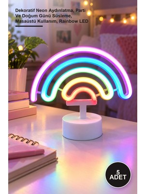 Yenilig 5 Adet Gökkuşağı Neon LED Lamba – Dekoratif Neon Aydınlatma, Parti ve Doğum Günü Süsleme, Masaüstü Kullanım, Rainbow LED