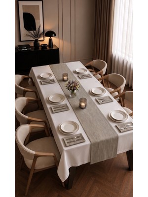 Dokuar Kadife Dokulu Premium Düz Polyester Masa Örtüsü Runner 6'lı Kumaş Peçete Yemek Masası Seti