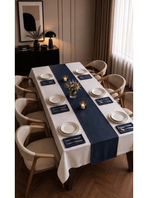 Dokuar Kadife Dokulu Premium Düz Polyester Masa Örtüsü Runner 6'lı Kumaş Peçete Yemek Masası Seti