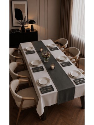 Dokuar Kadife Dokulu Premium Düz Polyester Masa Örtüsü Runner 6'lı Kumaş Peçete Yemek Masası Seti