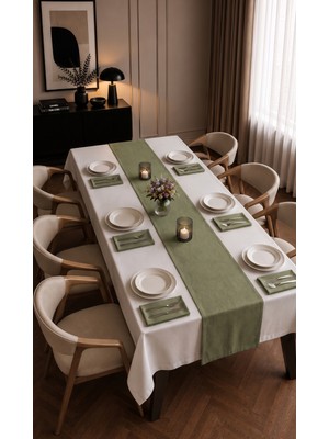 Dokuar Kadife Dokulu Premium Düz Polyester Masa Örtüsü Runner 6'lı Kumaş Peçete Yemek Masası Seti