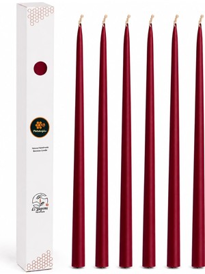 6'lı Bordo Konik Şamdan Mum Seti 34 cm Dekoratif Doğal Arı Balmumu Mum